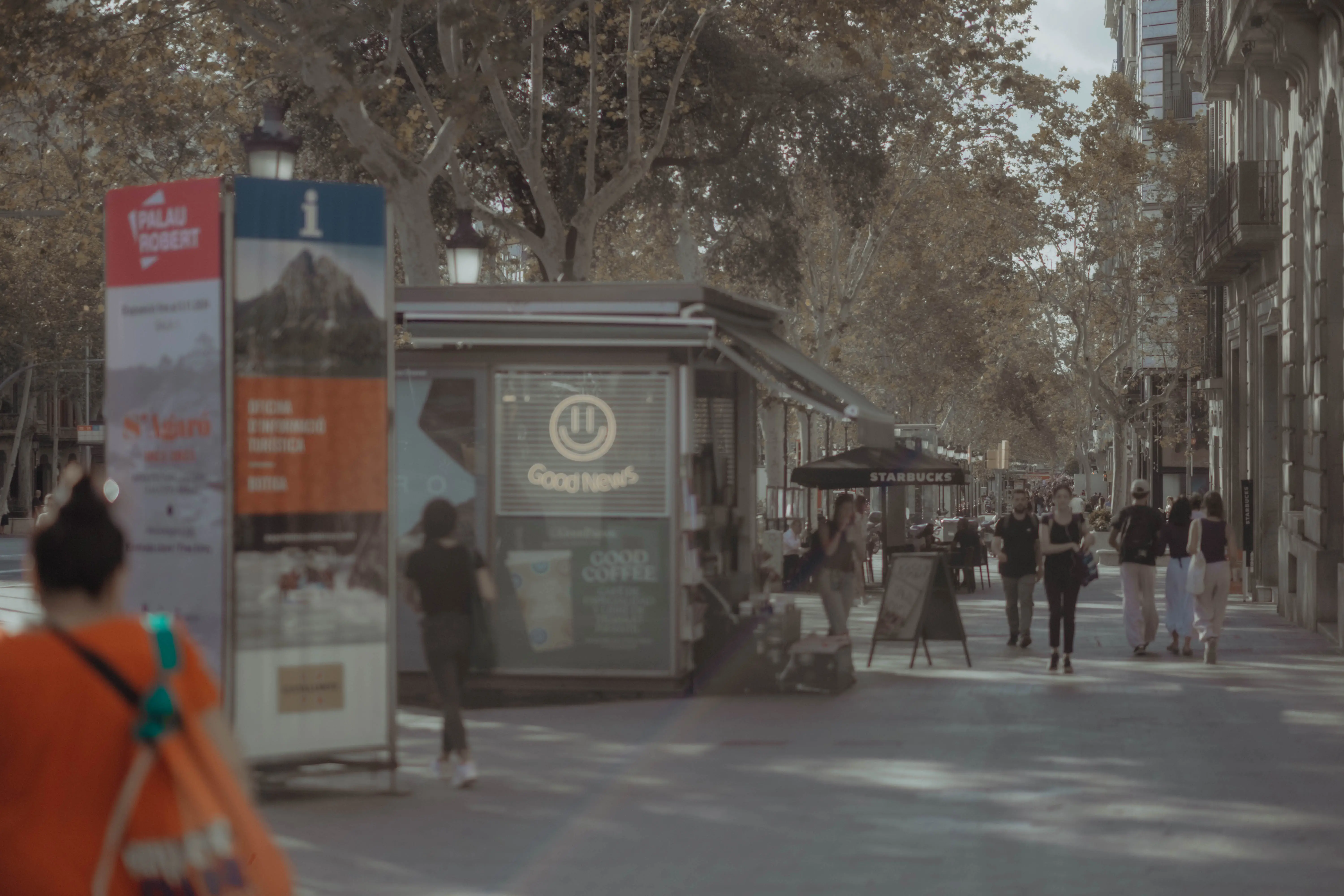 Piétons sur un boulevard ombragé devant un kiosque à café